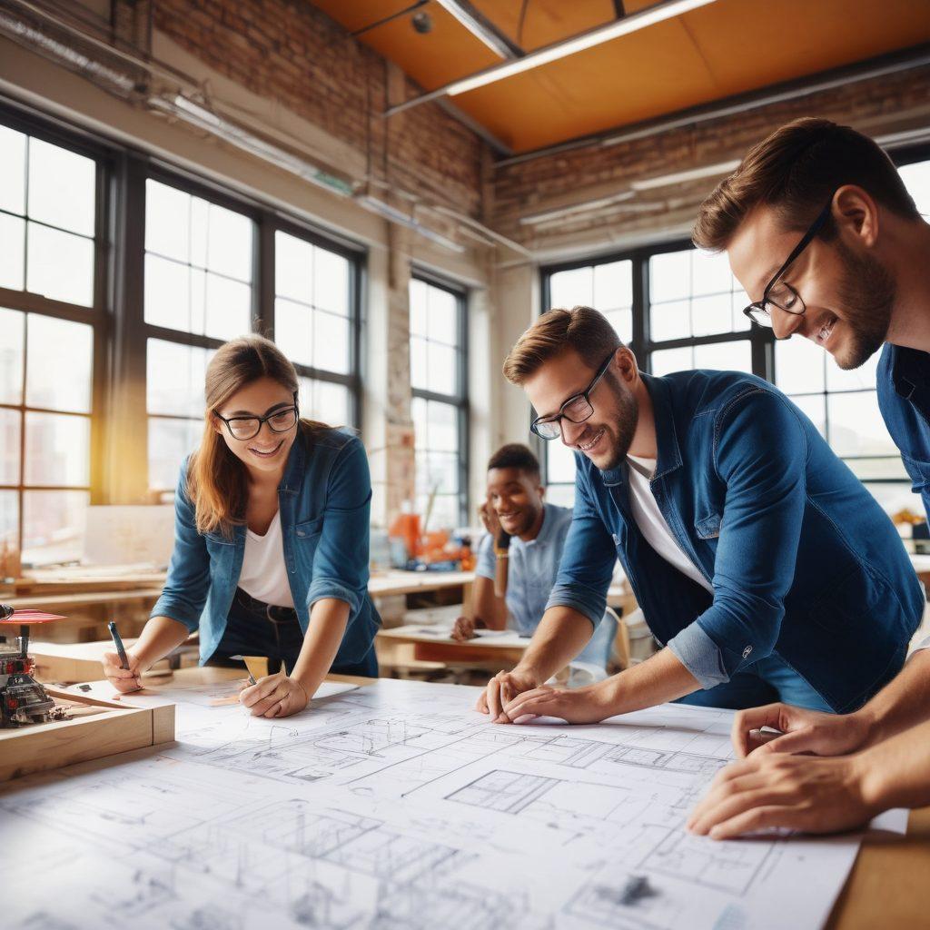 A lively engineering workshop filled with diverse team members collaborating happily on an innovative project. The scene showcases blueprints, tools, and prototypes around, with expressions of enthusiasm and teamwork. Bright light filters through large windows, highlighting their faces and the intricacies of the designs. Colorful charts depicting project milestones line the walls, symbolizing success and unity. super-realistic. vibrant colors. 3D.