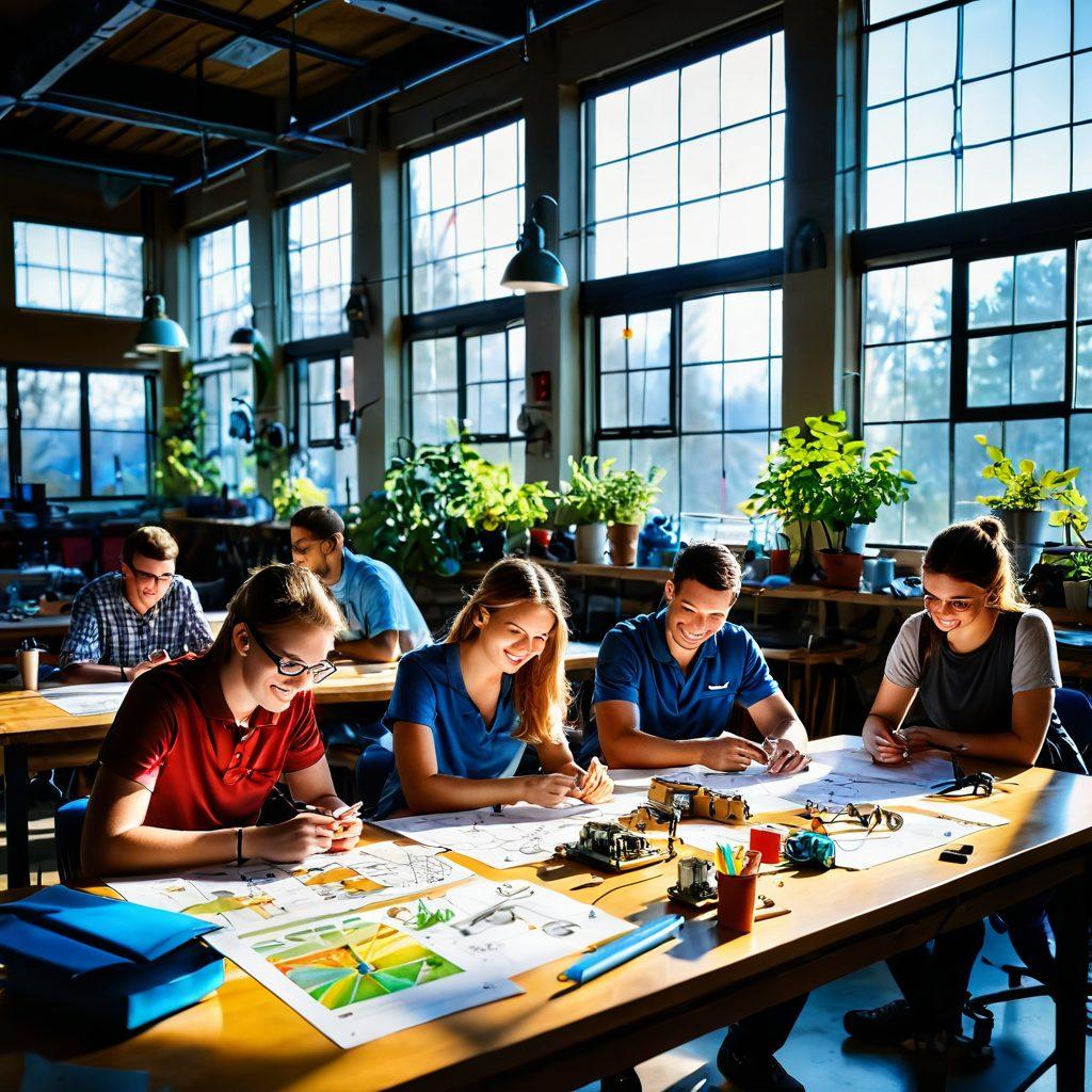 A bright and colorful engineering workshop filled with enthusiastic engineers collaborating joyfully over innovative projects. Sunshine streaming through large windows, illuminating their smiling faces and blueprints scattered across tables. Tools and gadgets symbolizing creativity and problem-solving, with plants adding a touch of nature. Hints of blueprints and gears in the background representing engineering concepts. super-realistic. vibrant colors. warm lighting.