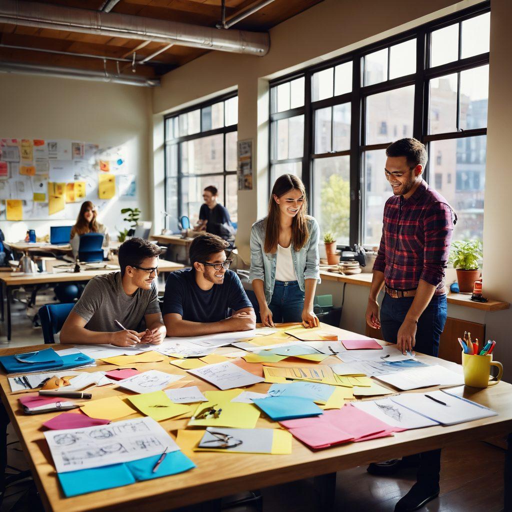 A vibrant workspace filled with diverse engineers collaborating joyfully, surrounded by sketches and prototypes that spark creativity. Bright sunlight filters through large windows, highlighting the smiles and teamwork. Incorporate elements of joy, such as colorful sticky notes and playful tools, symbolizing happiness in engineering. super-realistic. vibrant colors. soft-focus background.